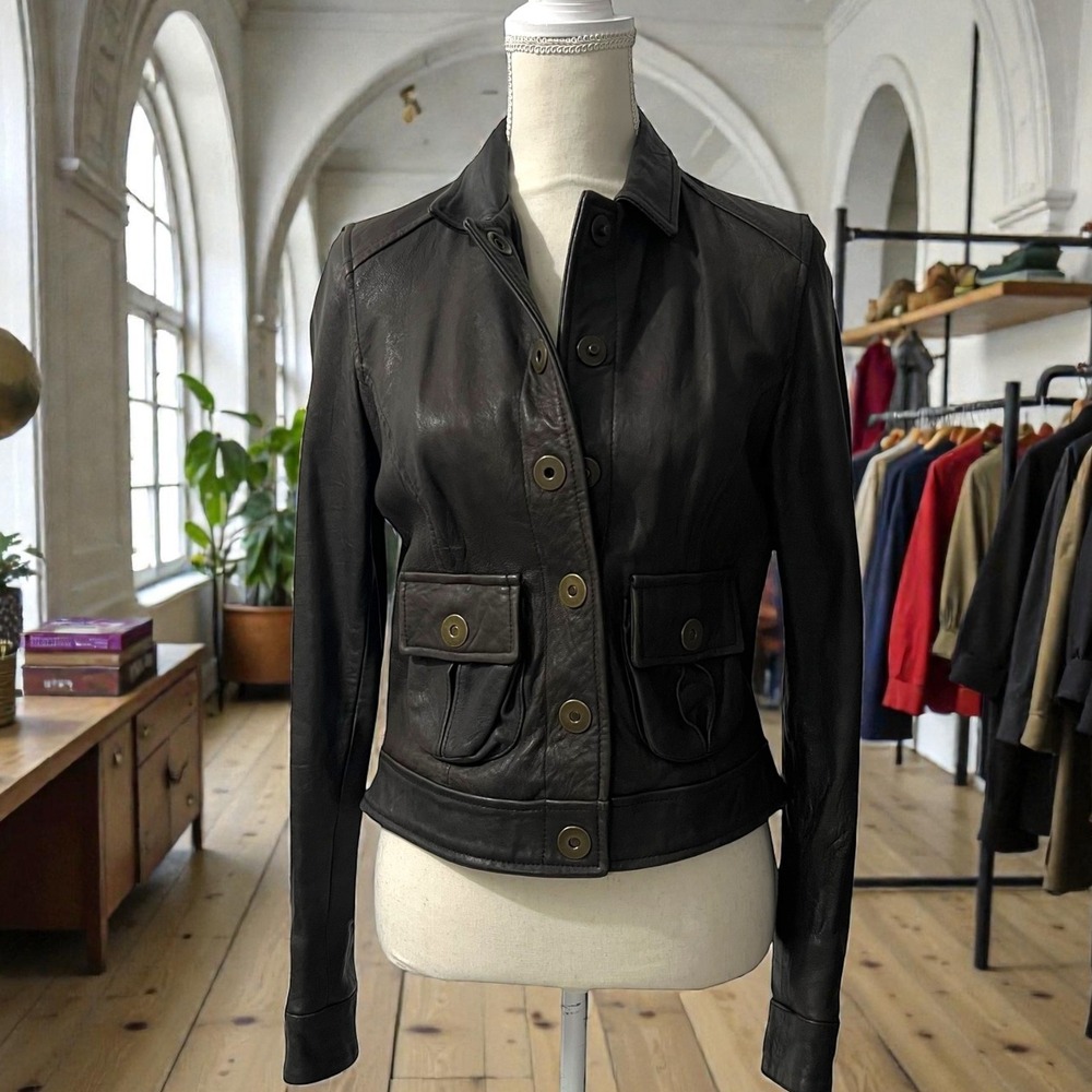 Please Italy Dark Brown Soft Leather Cropped Grommet Snap Jacket  M